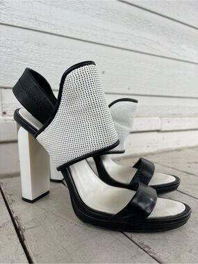 BCBG Black and White Perforated Block Heel Slingbacks
